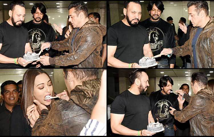 নিজের হাতে কেক কেটে সোনাক্ষী সিনহাকে খাইয়ে দেন সালমান। সঙ্গে দেখা যায় নিরাপত্তারক্ষী শেরাকে।