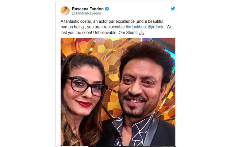 রবিনা ট্যান্ডন লিখেছেন, সহ অভিনেতা হিসাবে অসাধারণ, অসাধরণ মানুষ। তুমি চিরস্মরণীয় হয়ে থাকবে। আমরা ওনাকে একটু বেশি আগেই হারিয়ে ফেললাম। বিশ্বাস হচ্ছে না ওম শান্তি।