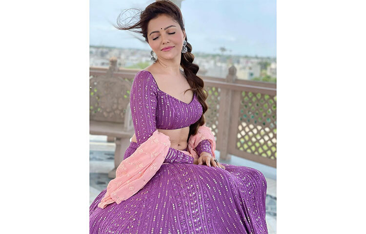 পার্পল রঙেরে লেহেঙ্গার সঙ্গে মানানসই সাজ। নজর কাড়ছে চুল বাঁধার ধরন। ছবি: সংগৃহীত