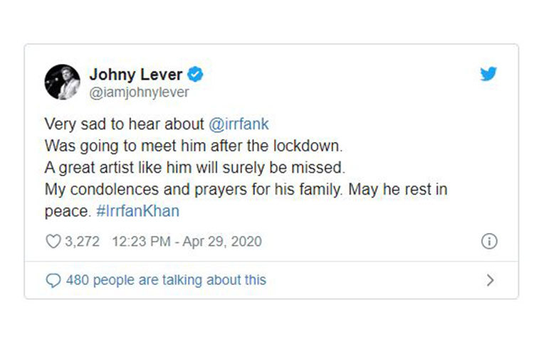 জনি লিভার লিখেছেন, খুব খারাপ লাগছে। আমি তো লকডাউনের পর  ওর সঙ্গে দেখা করতে যাব ভেবেছিলাম। উনি অসাধারণ একজন শিল্পী। ওনার পরিবারের প্রতি সমবেদনা রইল। ওনার আত্মার শান্তি কামনা করি।