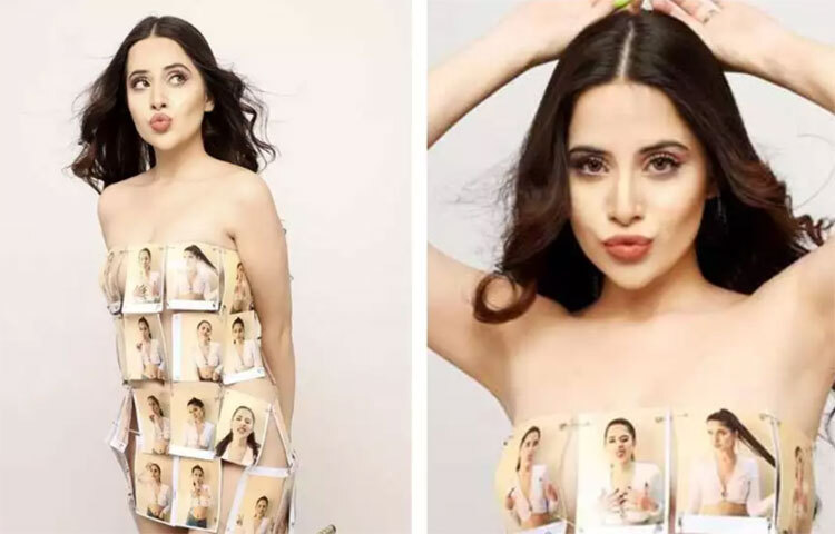 নিজেরই প্রিন্ট করা ছবি সেফটি পিন দিয়ে আটকে পরতে দেখা গিয়েছে তাকে। ‘পরার মতো কোনো জামা নেই’ বলে মন্তব্য করেন অনেকে। কেউ কেউ বলেন, ‘সেফটি পিনই ভরসা’। ছবি: সংগৃহীত