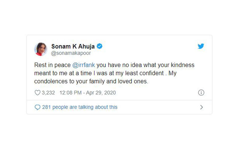 অভিনেত্রী সোনম কাপুর লিখেছেন, ‘আত্মার শান্তি কামনা করি। আপনি যে আমার প্রতি কতটা দয়ালু ছিলেন কী করে বোঝাবো, এমন একটা সময়ে যখন আমার আত্মবিশ্বাস ছিল না। আপনার পরিবারের প্রতি সমবেদনা ও ভালোবাসা রইল।’