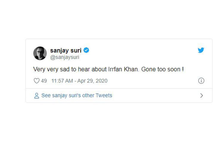 সঞ্জয় সুরি বলেন, ‘খুব খারাপ খবর, এত তাড়াতাড়ি চলে গেলেন...।’