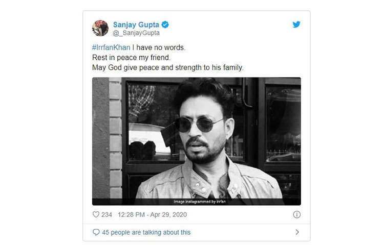 সঞ্জয় গুপ্তা লিখেছেন, ‘কিছু বলার জন্য আমার কাছে ভাষা নেই। আত্মার শান্তি কামনা করি। ঈশ্বর ওনার পরিবারকে শক্তি দিক।’