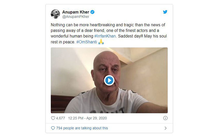 অনুপম খের লিখেছেন, এর থেকে খারাপ খবর বোধহয় আর হতে পারে না। আমার খুব কাছে একজন চলে গেল। অসাধরণ অভিনেতা, অসাধারণ মানুষ। দুঃখজনক একটা দিন। ওনার আত্মার শান্তি কামনা করি।