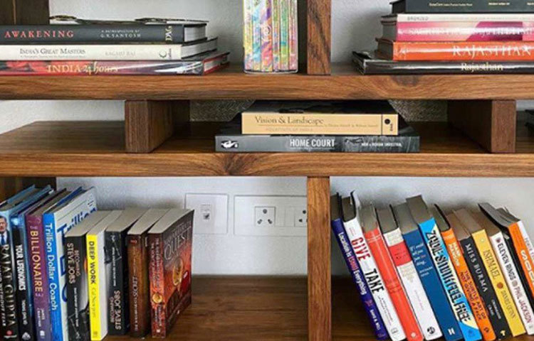 ট্রেন্ডি বুক শেল্ফ জুড়ে ছড়িয়ে ছিটিয়ে রয়েছে দম্পতির পছন্দের বই।