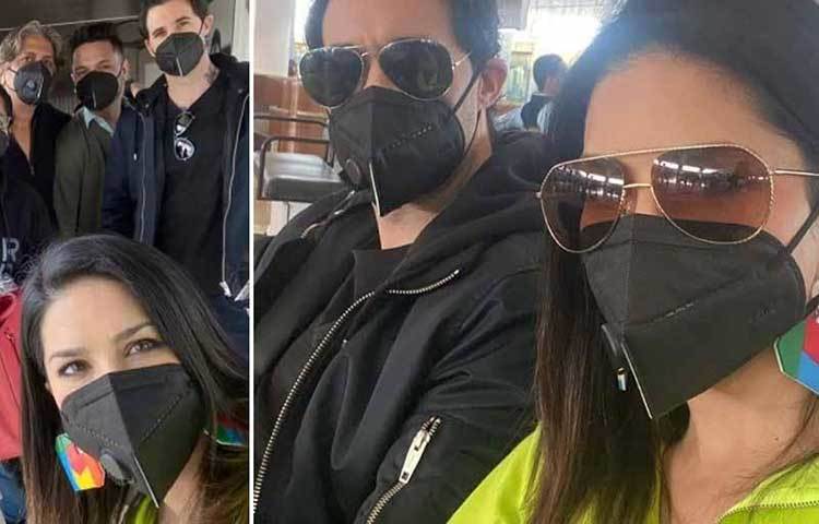 বিমানবন্দরে মাস্ক পরে দেখা যায় সানি লিওন, তার স্বামী ড্যানিয়েল ওয়েবারসহ অন্যান্যদের।