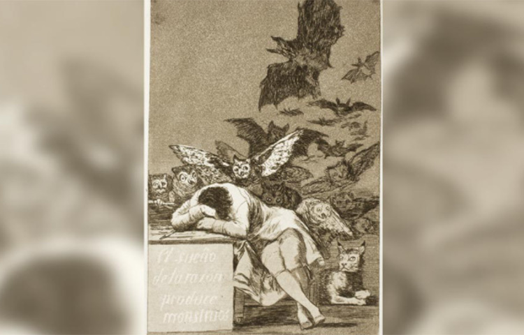 লাভক্র্যাফটের গল্পে সেই চোর দাবি করছে, সে মানুষের চামড়ায় বাঁধানো একটি পোর্টফোলিও হস্তগত করেছিল যেখানে বেশ কিছু উদ্ভট ছবি ছিল। চোরের দাবি, সেই ছবিগুলো নাকি স্পেনীয় চিত্রকর ফ্রান্সেস্কো গোইয়ার (১৭৪৬-১৮২৮) আঁকা। কিন্তু গোইয়া কখনওই তা স্বীকার করেননি। প্রসঙ্গত, তথাকথিত ভয়ের ছবি আঁকার জন্য গোইয়ার খ্যাতি ছিল। (সঙ্গের ছবিটি গোইয়ার আঁকা ‘দ্য ¯িøপ অব রিজন প্রডিউসেস মনস্টার্স’)। ছবি: সংগৃহীত