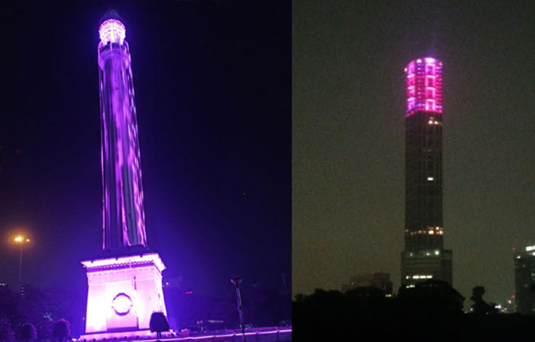 শহরের সবচেয়ে উঁচু বাড়ি দি ফর্টি টু এবং শহীদ মিনার সেজে উঠেছে গোলাপি আলোয়।