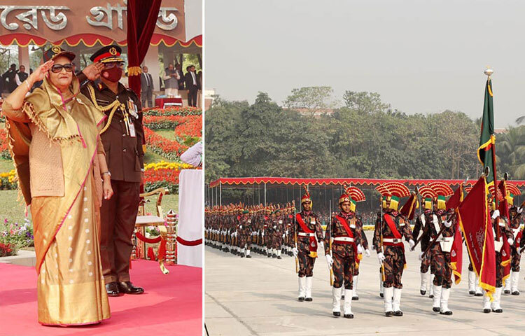 কমান্ড মেনে চলতে বাংলাদেশ বর্ডার গার্ড (বিজিবি) সদস্যদের প্রতি আহ্বান জানিয়েছেন প্রধানমন্ত্রী শেখ হাসিনা। তিনি বলেন, শৃঙ্খলা এবং চেইন অব কমান্ড একটি বাহিনীর সবচেয়ে গুরুত্বপূর্ণ চালিকাশক্তি। তিনি বিজিবির প্রতিটি সদস্যকে চেইন অব কমান্ড এবং কর্তৃপক্ষের আদেশ মেনে চলার আহ্বান জানান। আজ সকালে পিলখানাস্থ সদর দপ্তরে বর্ডার গার্ড বাংলাদেশ দবস ২০২২ উদযাপন অনুষ্ঠানে তিনি এ আহ্বান জানান। ছবি: ইয়াসিন কবির জয়