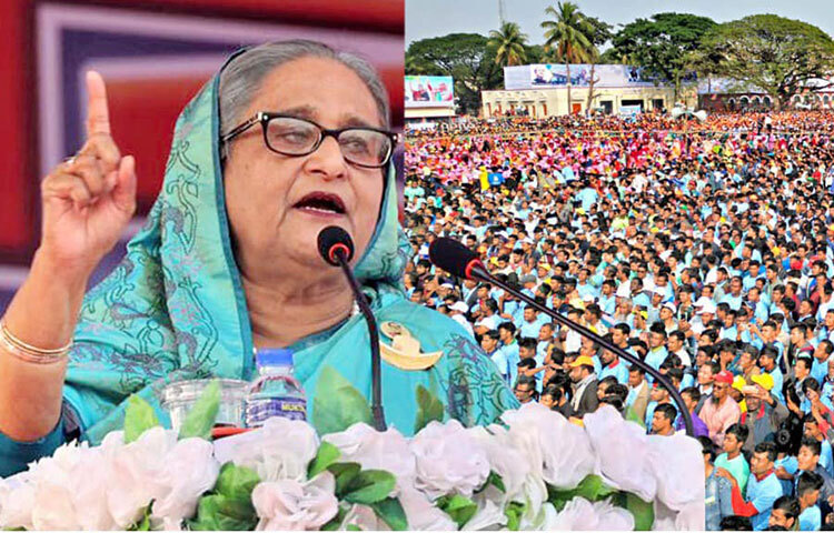উন্নয়নের জয়যাত্রা অব্যাহত রেখে ২০৪১ সালের মধ্যে স্মার্ট বাংলাদেশ গড়তে আবারও নৌকা মার্কায় ভোট দেওয়ার আহ্বান জানিয়েছেন আওয়ামী লীগ সভাপতি ও প্রধানমন্ত্রী শেখ হাসিনা। আজ বিকালে রাজশাহীতে মাদ্রাসা মাঠে জেলা ও মহানগর আওয়ামী লীগ আয়োজিত জনসভায় প্রধান অতিথির বক্তব্যে তিনি এ কথা বলেন। ছবি: ইয়াসিন কবির জয়