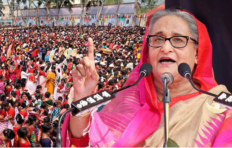 বাংলাদেশ আওয়ামী লীগ সভাপতি ও বঙ্গবন্ধুকন্যা প্রধানমন্ত্রী শেখ হাসিনা আজ গোপালগঞ্জের কোটালীপাড়া উপজেলার সাদুল্যাপুর ইউনিয়নের ভাঙ্গারহাট তালিমপুর-তেলিহাটি উচ্চ বিদ্যালয় মাঠে আওয়ামী লীগ আয়োজিত জনসভায় বক্তব্য রাখেন। ছবি: ইয়াসিন কবির জয়