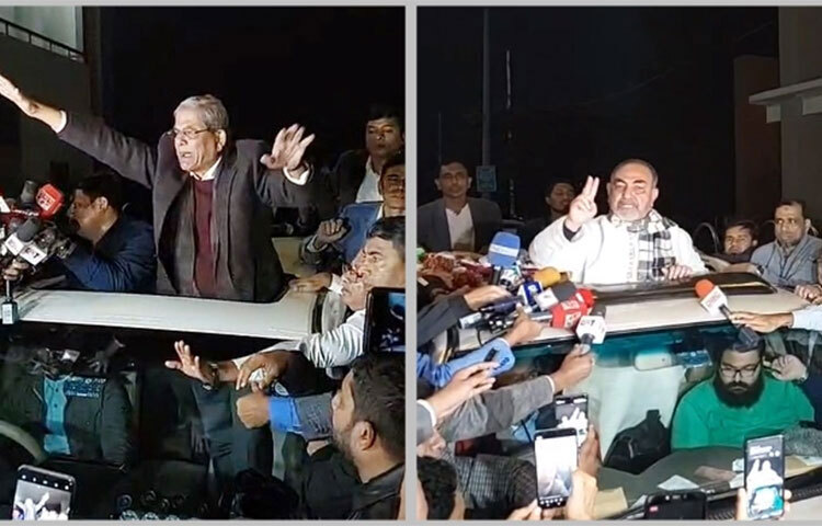 পুলিশের ওপর হামলার পরিকল্পনা ও উসকানি দেওয়ার অভিযোগে পল্টন থানার মামলায় গ্রেফতারের ৩২ দিনের মাথায় কারামুক্তি পেয়েছেন বিএনপি মহাসচিব মির্জা ফখরুল ইসলাম আলমগীর ও দলের স্থায়ী কমিটির সদস্য মির্জা আব্বাস। আজ সন্ধ্যা ৫টা ৫০ মিনিটে তারা ঢাকার কেরানীগঞ্জ কেন্দ্রীয় কারাগার থেকে মুক্ত হয়েছেন। ছবি: জাগো নিউজ