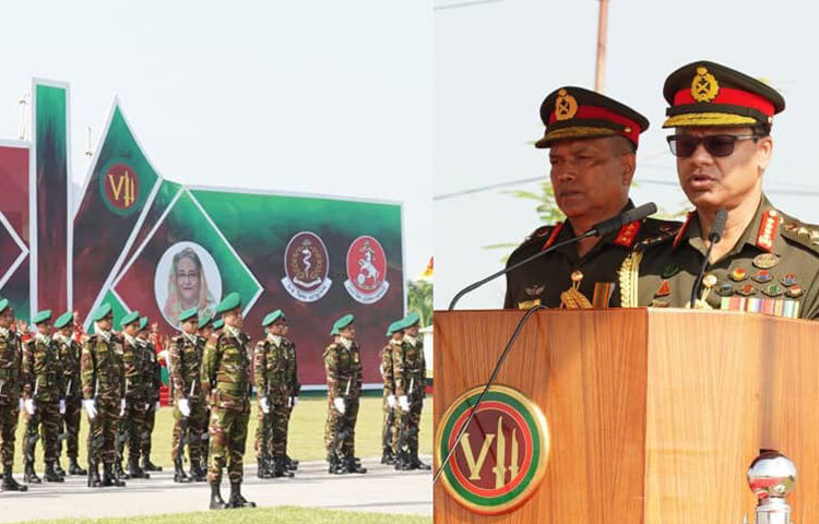 বাংলাদেশ সেনাবাহিনীর সাত পদাতিক ডিভিশনের তত্ত্বাবধানে ৩৫ বীর (সাপোর্ট ব্যাটালিয়ন), ৫২ স্বতন্ত্র এমএলআরএস ব্যাটরি আর্টিলারি, ৮৫ ফিল্ড অ্যাম্বুলেন্স এবং ১৬৩ ফিল্ড ওয়ার্কশপ কোম্পানি ইএমই’র পতাকা উত্তোলন অনুষ্ঠান অনুষ্ঠিত হয়েছে। আজ বরিশালে শেখ হাসিনা সেনানিবাসে পতাকা উত্তোলন অনুষ্ঠানে প্রধান অতিথি হিসেবে উপস্থিত ছিলেন সেনাবাহিনী প্রধান জেনারেল এস এম শফিউদ্দিন আহমেদ। ছবি: জাগো নিউজ