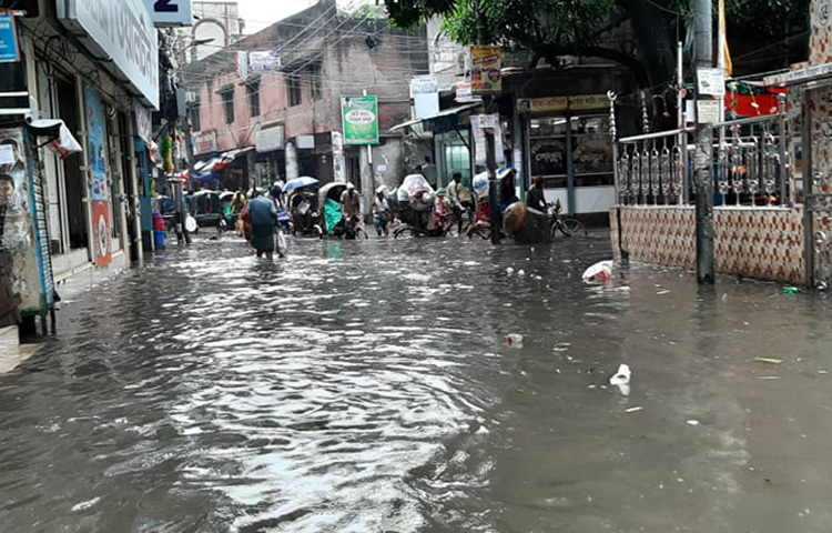 আজকের বৃষ্টিতে পুরান ঢাকার মাজেদ সরদার রোড ডুবে যায়। এতে অনেক দোকানপাট ও বাসা-বাড়ির নিচতলায় পানি ঢুকে যায়। ছবি: জাগো নিউজ