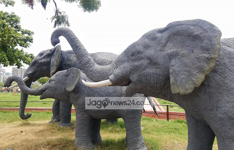 হাতিরঝিলের রাস্তা পার হতে হতে সবার দৃষ্টি যায় এই হাতির দিকে। ছবি: মাহবুব আলম