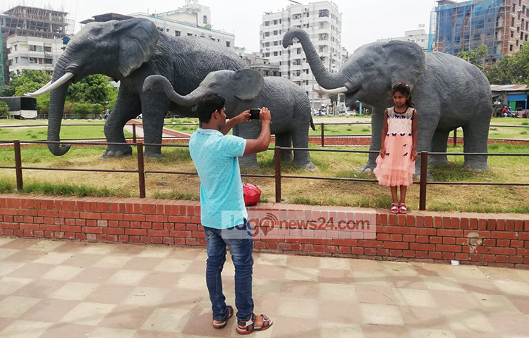 হাতির পালের ভাস্কর্যের কাজ শেষ হওয়ার পর প্রতিদিন মানুষ তা দেখতে ছুটে আসে। তারা আত্মীয়-পরিজন নিয়ে হাতির সঙ্গে ছবি তুলছেন। ছবি: মাহবুব আলম