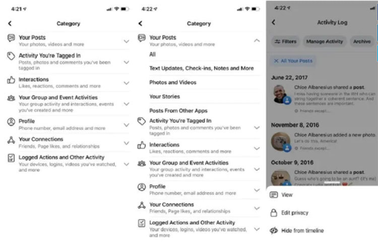 প্রোফাইলে গিয়ে Activity Log খড়ম ক্লিক করুন। টাইমলাইনে আপনার প্রতিটা অ্যাক্টিভিটি, এমনকী শেয়ার, কমেন্ট, লাইক-এর বিস্তারিত তালিকা চলে আসবে। মোবাইল-এ Filters এবং ডেক্সটপে Filter অপশন ক্লিক করে বেছে নিনি কী ধরনের পোস্ট দেখতে চান। এবার এরমধ্যে কোনও কনটেন্ট ডিলিট করতে চাইলে এলিপসিস আইকন ক্লিক করে রিঅ্যাকশন বা ট্যাগ সরিয়ে দিন।