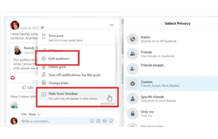 পুরনো ছবি ডিলিট না করে হাইড করতে পারেন। যে পোস্টটি হাইড করতে চান তার পাশের এলিপসিস-এ ক্লিক করে Hide from Timeline অপশন সিলেক্ট করুন। যদি শুধু আপনি দেখতে চান, Only সব অপশন ক্লিক করুন।