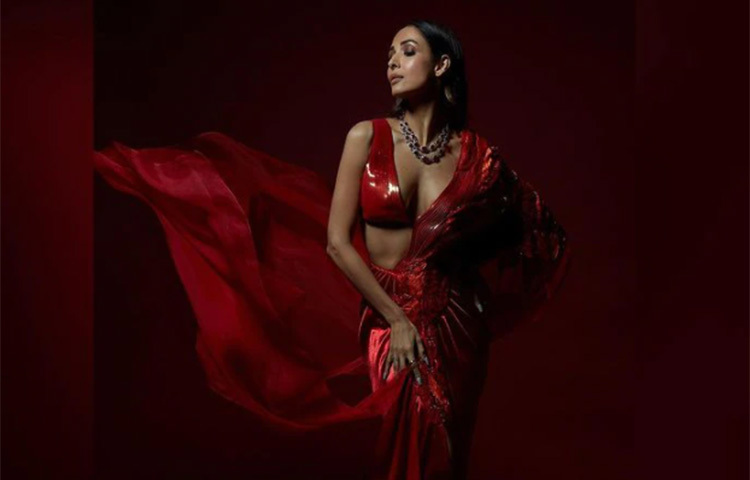 লাল শাড়ি ও সিল্কি ব্লাউজে সবার নজর কেড়েছেন মালাইকা অরোরা। ছবি: সংগৃহীত