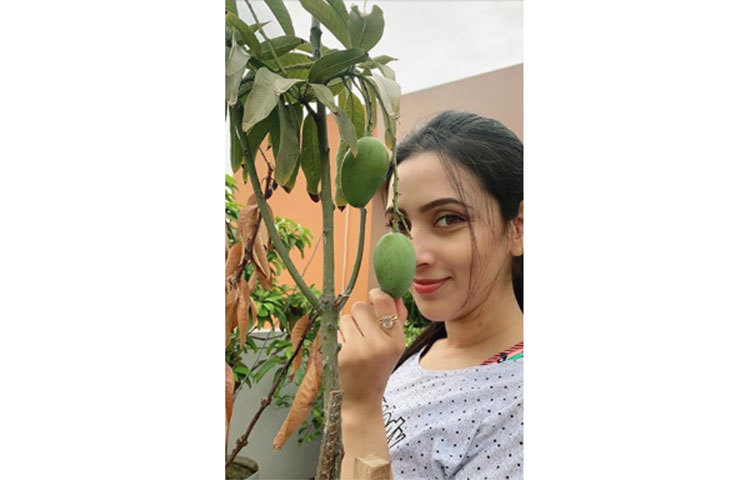 ছাদ বাগানে মিম তার অবসরের কিছুটা সময় কাটাচ্ছেন।