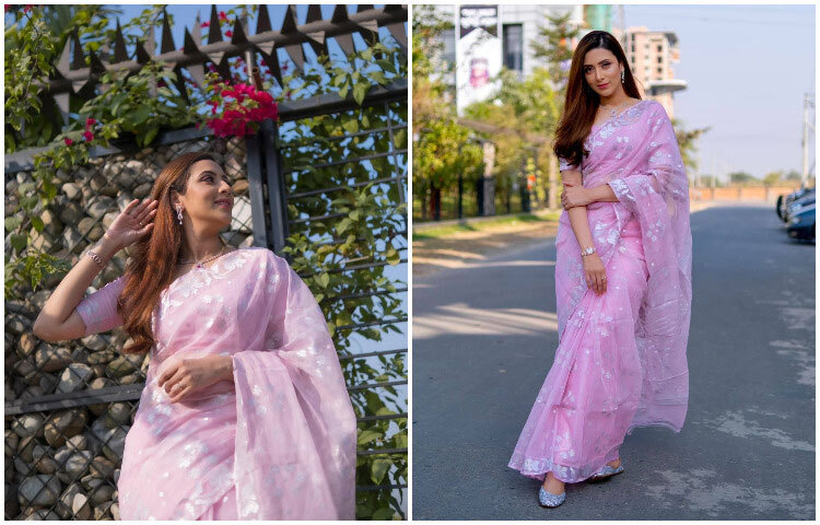 মিমকে গোলাপি রঙের শাড়িতে দেখে মুগ্ধ তার ভক্তরা। ছবি: ফেসবুক