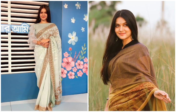 মিথিলা ঘুরতে ও কোনো অনুষ্ঠানে যেতে মাঝে মধ্যে শাড়ি পরেন। ছবি: ইনস্টাগ্রম