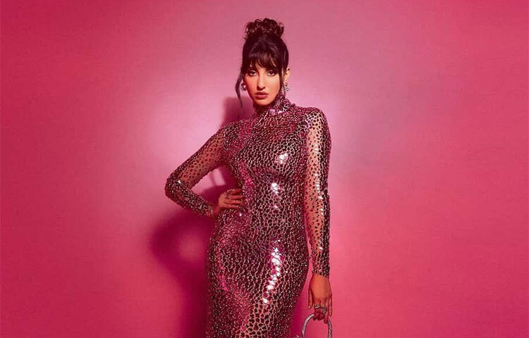 গোলাপি শিমারি লং গাউন পরেছেন নোরা। ছবি: সংগৃহীত