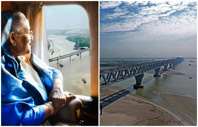 হেলিকপ্টারে বসে পদ্মা সেতু দেখছেন প্রধানমন্ত্রী। ছবি: সংগৃহীত