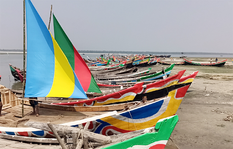 প্রধানমন্ত্রীর আগমন উপলক্ষে তাকে বরণ করে নিতে কলাপাড়ায় চলছে বিভিন্ন সাজসজ্জা। তার মধ্যে অন্যতম আকর্ষণ হলো রং-বেরঙের আলপনা দিয়ে সাজানো জেলেদের মাছ ধরার ২০০ নৌকা। ছবি: আসাদুজ্জামান মিরাজ