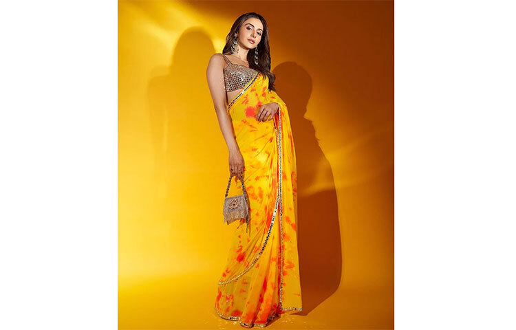 শাড়িতে সাবেকি সাজে সেছেন রাকুল। রকুলের বড় হওয়া দিল্লিতে, রক্ষণশীল পাঞ্জাবি পরিবারে। ছবি: সংগৃহীত