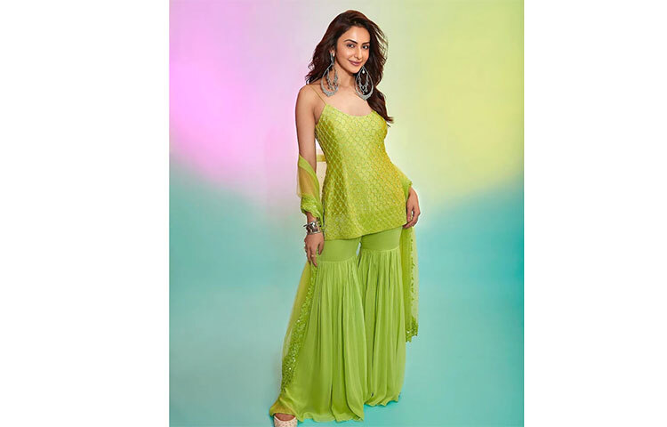 কামিজের সঙ্গে ঘারারা পরেছেন তিনি। আর্মি পাবলিক স্কুলে পড়াশোনা রকুলের। ছবি: সংগৃহীত