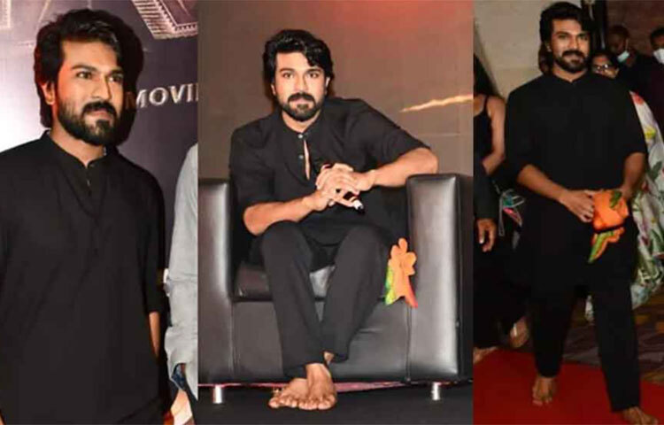 তবে অনেকেরই নজর ঘুরছিল রামচরণের পায়ের দিকে। পুরোপুরি কালো কুর্তা-পাজামায় পার্টিতে এসেছিলেন তিনি। একমুখ গোঁফদাড়ি। কপালে তিলক। তবে খালি পায়ে কেন? অনেকেই কৌতূহলী। ছবি: সংগৃহীত