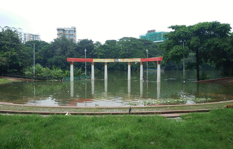 ভারী বৃষ্টিতে পানি জমেছে রাজধানীর রবীন্দ্র সরোবরে। ছবি: মাহবুব আলম
