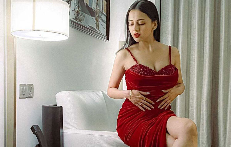 লাল রঙের গাউনে ভক্তদের মুগ্ধ করছেন তেজস্বী। ছবি: সংগৃহীত