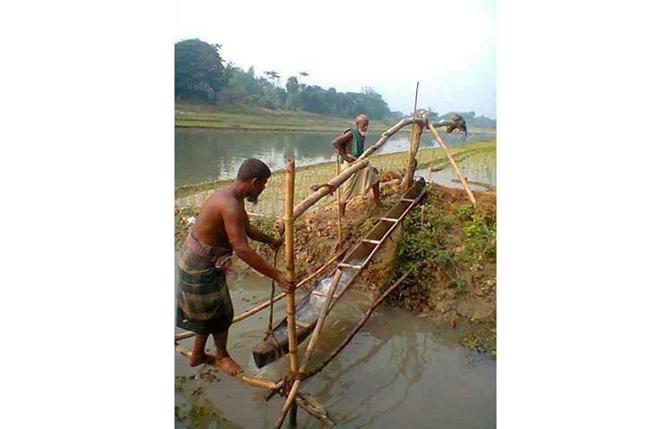 সনাতন পদ্ধতিতে ফসলের মাঠে পানি সেচ।