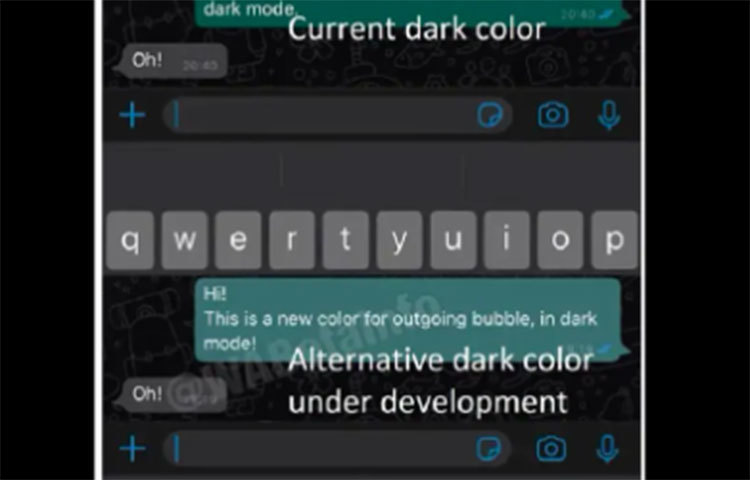 ব্যবহাকারী যখন হোয়াটসঅ্যাপে ডার্ক মোড অ্যাকটিভেট করবে তখন আউটগোয়িং বাবেলের রঙ অন্য দেখাবে। নতুন ববল রঙটি বর্তমান ববল থেকে কতোটা আলাদা হবে দেখে নিন এই ছবিতে।