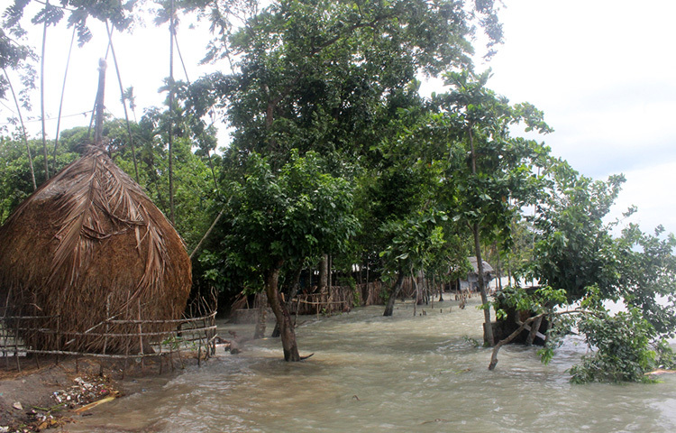 আজ ইন্দুরকানি উপজেলার কঁচা নদীর চরখালি ফেরিঘাট এলাকায় দেখা যায় নদীর বেড়িবাঁধের ভাঙা অংশ দিয়ে পানি লোকালয়ে প্রবেশ করেছে। এতে পানিতে তলিয়ে গেছে অসংখ্য বাড়িঘর ও দোকানপাট। ছবি: শাফিউল মিল্লাত
