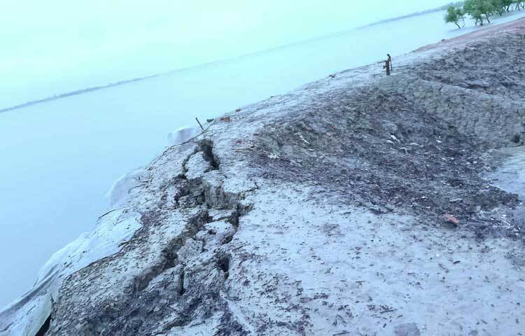 টানা বৃষ্টি ও নদীতে জোয়ারের পানি বাড়ায় সাতক্ষীরার কপোতাক্ষ নদের বেড়িবাঁধে ফাটল দেখা দিয়েছে। শ্যামনগর উপজেলার গাবুরার অংশে এ ফাটল দেখা দেয়। এতে আতঙ্কিত হয়ে পড়েছেন স্থানীয়রা।  ছবি: আহসানুর রহমান রাজীব