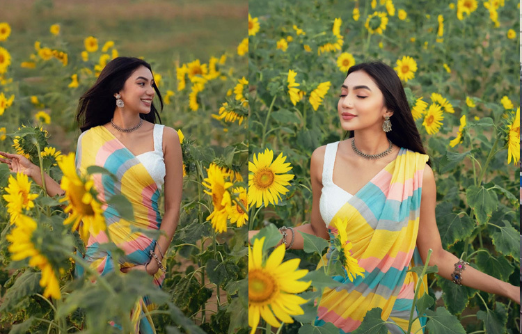 বাহারি রঙের শাড়ির সঙ্গে আরামদায়ক ফেব্রিকের মনোক্রোম সাদা স্লিভলেস ব্লাউজে নজরকাড়া অভিনেত্রী সুনেরাহ বিনতে কামাল।