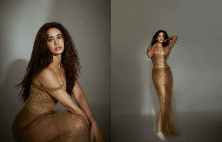 ন্যুড শেডের বাদামি শিয়ার ফেব্রিকের বডিকন শেপের ডিজাইনার ড্রেসে আবেদনময়ী দিশা। ছবি: ইনস্টাগ্রাম