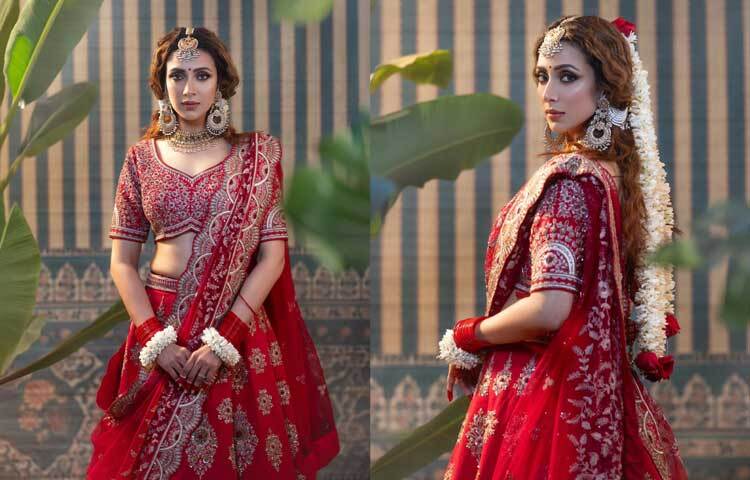 টকটকে লাল লেহেঙ্গায় অপরূপ মিম।