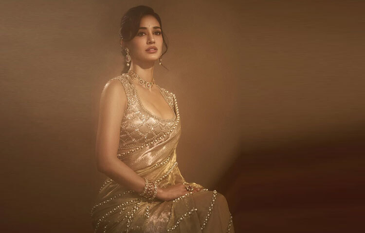 সমসাময়িক গ্ল্যামারের সঙ্গে ঐতিহ্যের সূক্ষ্ম ছোঁয়া মিলিয়ে দিশা হাজির হয়েছেন এক মোহনীয় সোনালি আভায়। তার পরনে মনীশ মালহোত্রার তৈরি আধুনিক শাড়ি যার সঙ্গে জুটি বেঁধেছে ক্রিস্টাল-সজ্জিত, ভারী কাজের স্টেটমেন্ট ব্লাউজ। স্লিভলেস ও ব্যাকলেস নকশার এই ব্লাউজ শুধু পোশাকই নয়, পুরো লুকের নিয়ন্ত্রণ-রেখা যেন।