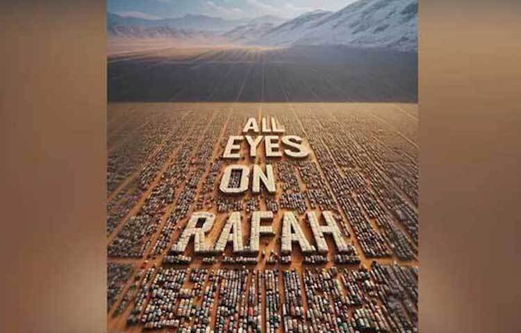 বিরাট এলাকাজুড়ে ফিলিস্তিনি শরণার্থীদের তাঁবু, আর সেগুলো দিয়ে লেখা একটি স্লোগান ‘অল আয়েস অন রাফা’ বা ‘সব চোখ রাফার দিকে’। কৃত্রিম বুদ্ধিমত্তার সাহায্যে তৈরি এই ছবিটি কয়েকদিন ধরে ব্যাপকভাবে শেয়ার হচ্ছে সামাজিক যোগাযোগমাধ্যমে। ছবি: সংগৃহীত
