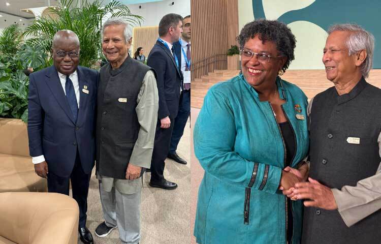 কপ ২৯ সম্মেলনের ফাঁকে ঘানার প্রেসিডেন্ট নানা আকুফো-আডো এবং বার্বাডোসের প্রধানমন্ত্রী মিয়া মটলির সঙ্গে দেখা করেন অধ্যাপক মুহাম্মদ ইউনূস।  ছবি: উপদেষ্টার ফেসবুক থেকে