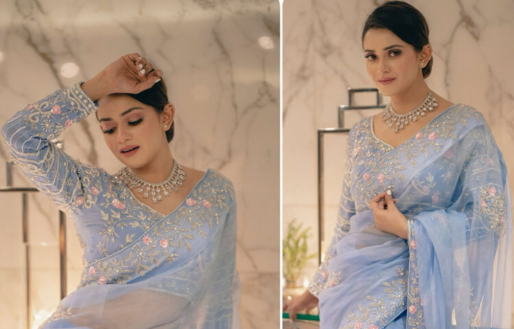 শাড়ির পাড় আর আঁচলে থাকা হালকা উজ্জ্বলতা পুরো লুকটিকে করে তুলেছে আরও রুচিশীল। আলো পড়লে কাপড়ের স্বচ্ছতা আর নকশার ঝিকিমিকি মিলেমিশে তৈরি করে এক অপূর্ব আভা যেন পরীর গল্পের কোনো রাজকন্যা।