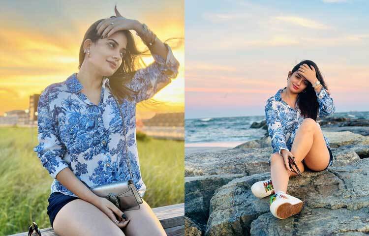 নীল প্রিন্টের শার্ট আর শর্টসে নজরকাড়া লুকে মন্দিরা। ছবি: ফেসবুক থেকে