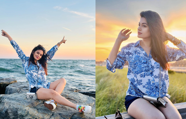 নীল-সাদা প্রিন্টের শার্ট ও শর্টসের সঙ্গে অভিনেত্রী বেছে নিয়েছেন মানানসই স্নিকার্স।