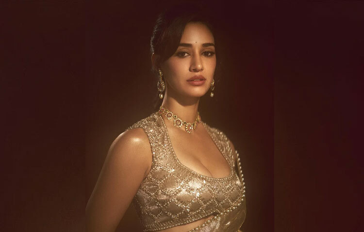 মেকআপেও দিশা রেখেছেন নিজস্ব ছাপ গভীর কাজল-ঘেরা চোখ, মিউট রোজ টোনের ঠোঁট এবং ছোট্ট কালো টিপে তার সৌন্দর্য পেয়েছে ক্লাসিক ভারতীয় ছোঁয়া।