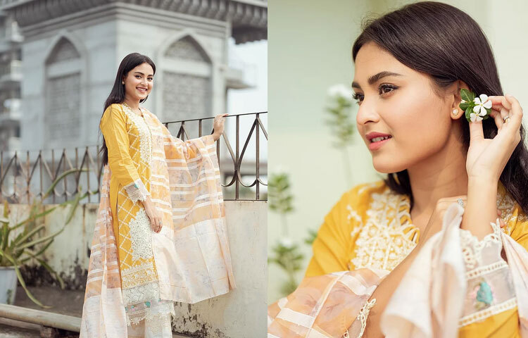 থ্রি কোয়ার্টার স্লিভের হলুদ রঙের আউটফিটের সঙ্গে স্ট্রাইপের ওড়না ও মিনিমাল সাজে স্নিগ্ধতা ছড়াচ্ছে অভিনেত্রী।